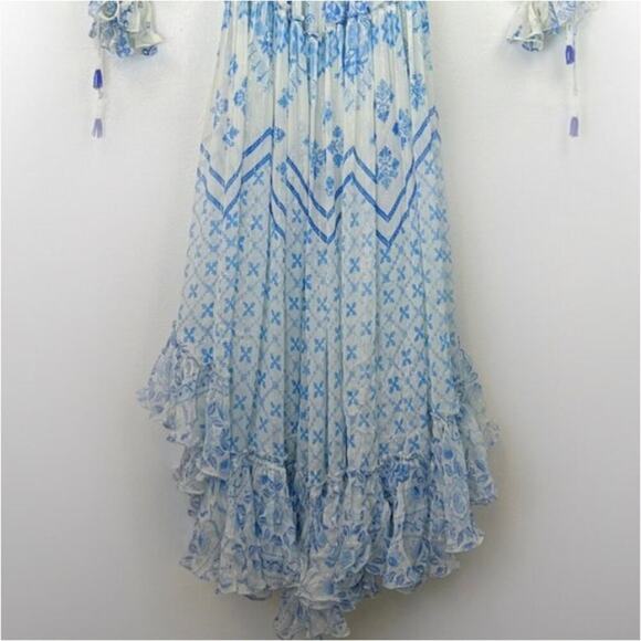 NWT Rococo Sand Leas Long Floral Cutout Maxi Dress White Blue Metallic - Picture 11 of 14